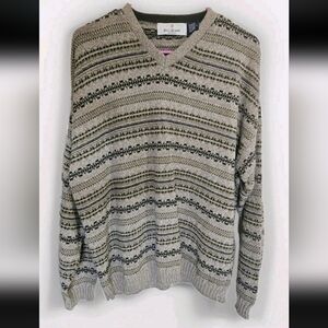 Vintage Bill Blass Sweater L Cotton Fair Isle Vneck USA 80s 90s Gray Coogi